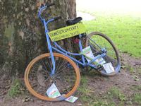 908132 Afbeelding van een oude fiets geparkeerd tegen een boom op het Lucasbolwerk te Utrecht, met reclame voor het ...